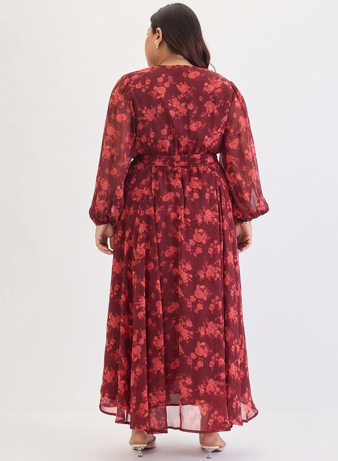 Femmella Plus Size Maroon Floral Print Wrap Maxi Dress - Image 3