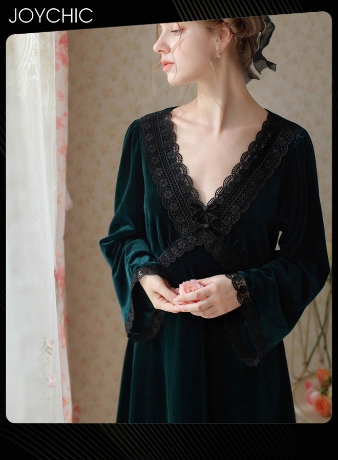 Joychic French Style Autumn and Winter Gold Velvet Fairy Sleepwear Thick Warm Pajamas Loose Bell Sleeves Nightgown for Women Green - Image 2