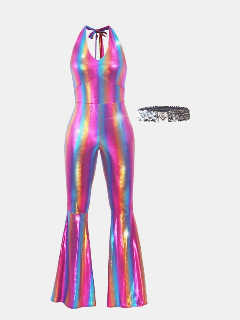 Nawgut Disco Outfit 70s 80s Prom Sparkle Flare Jumpsuit Party Costume Halloween Cosplay For Adult Women-Medium - Image 2