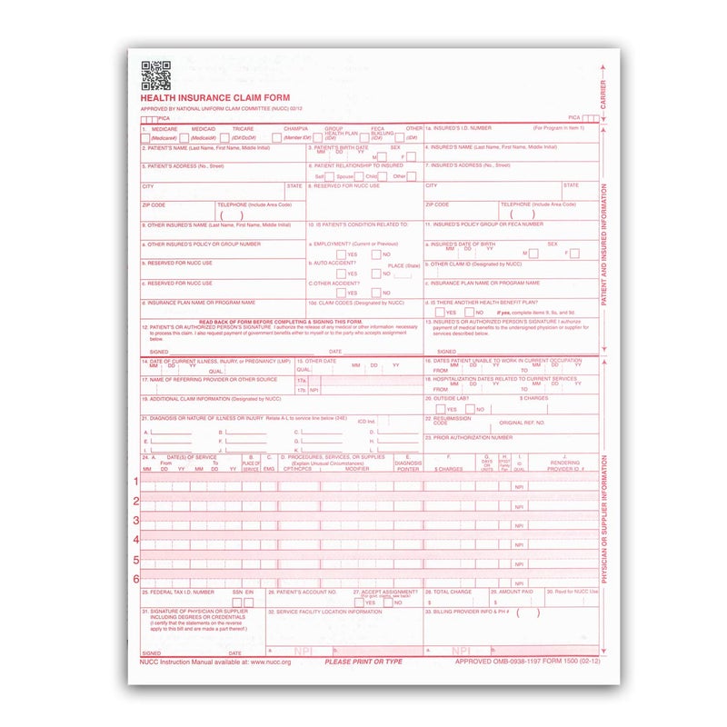 NextDayLabels - CMS 1500 / HCFA 1500 Insurance Claim Forms - Laser/Ink-Jet Compatible (New Version 02/12) Letter Size 8-12" x 11", 250 Sheets Per Pack