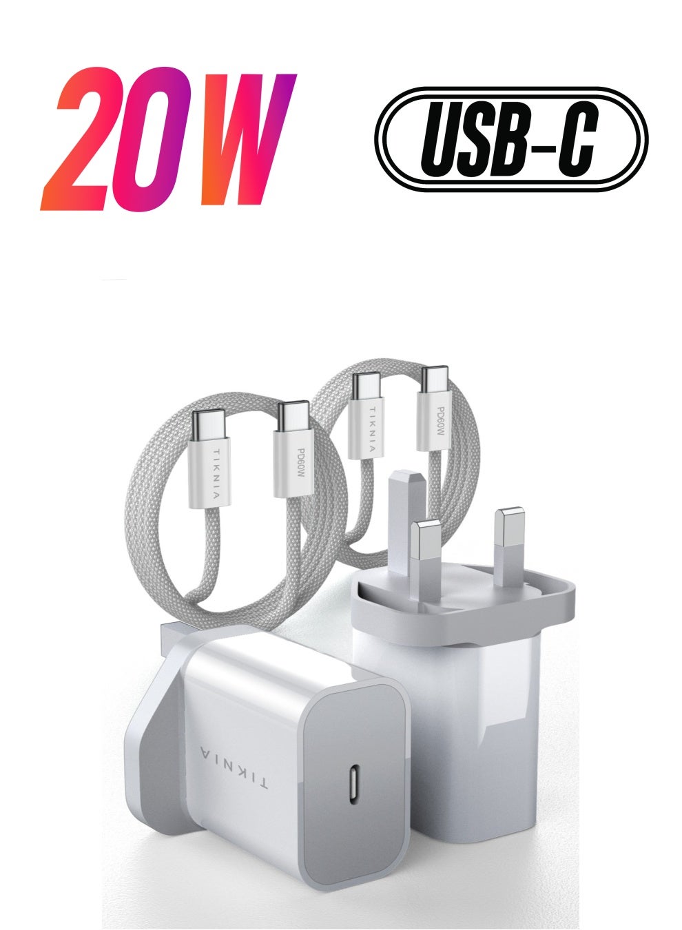 USB C Charger Plug, TIKNIA Power Adapter PD 20W Charging Adaptor Type C Charge Block Middle East, UK Plug Wall Charger Compatible with Tablet, Samsung Galaxy, iPhone (1M 60W USB C Cable Included)