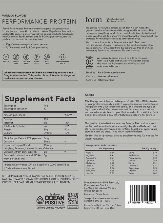 Performance Protein - Vegan Protein Powder - 30g of Plant Based Protein per Serving, with BCAAs and Digestive Enzymes. Perfect Post Workout. Tastes Great with Just Water! (Vanilla)
