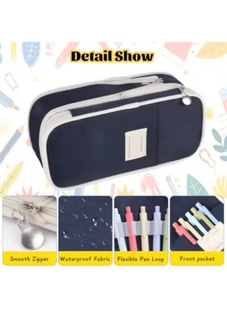 Large Capacity Expandable Pencil Case, Multi-Compartment Stationery Organizer with Pen Loops, Water-Resistant School Office Travel Bag (Deep Blue) - Image 3