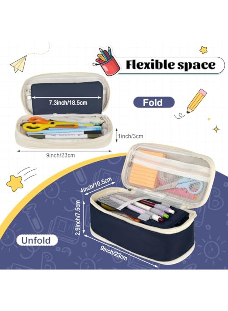 Large Capacity Expandable Pencil Case, Multi-Compartment Stationery Organizer with Pen Loops, Water-Resistant School Office Travel Bag (Deep Blue) - Image 2