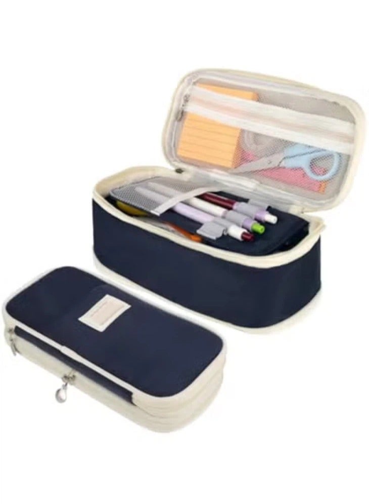 Large Capacity Expandable Pencil Case, Multi-Compartment Stationery Organizer with Pen Loops, Water-Resistant School Office Travel Bag (Deep Blue) - Image 1