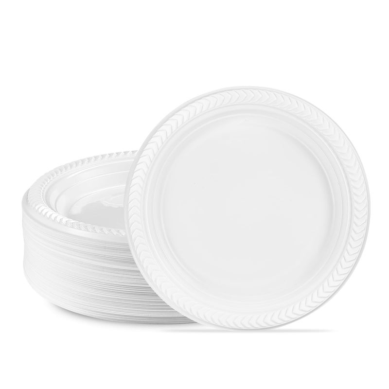 PLASTICPRO 100 PCS White Plastic Round 7 Inch Plates - Premium Quality  Light Weight Disposable Dinner Plates for Parties & Weddings - Image 1