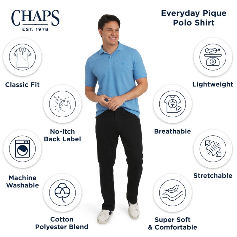 Chaps Men's Everyday Casual Classic Fit Stretch Pique Polo Shirt, Azure, Medium - Image 4