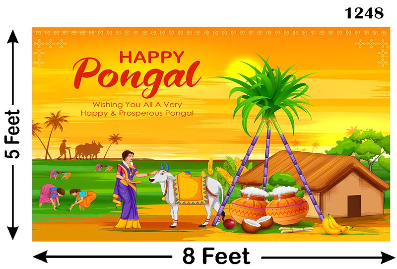 Backdropon Sunrise with Cow Happy Pongal Festival Design Backdrop Cloth for Pooja Decoration Traditional Background Curtain Cloth for Festival Size 5 Feet Height and 8 Feet Width(5 * 8) - Image 3