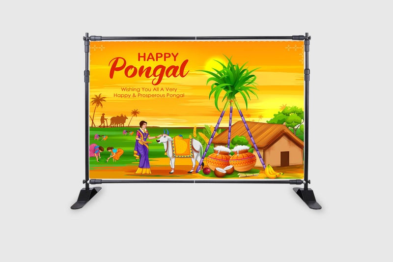 Backdropon Sunrise with Cow Happy Pongal Festival Design Backdrop Cloth for Pooja Decoration Traditional Background Curtain Cloth for Festival Size 5 Feet Height and 8 Feet Width(5 * 8) - Image 2