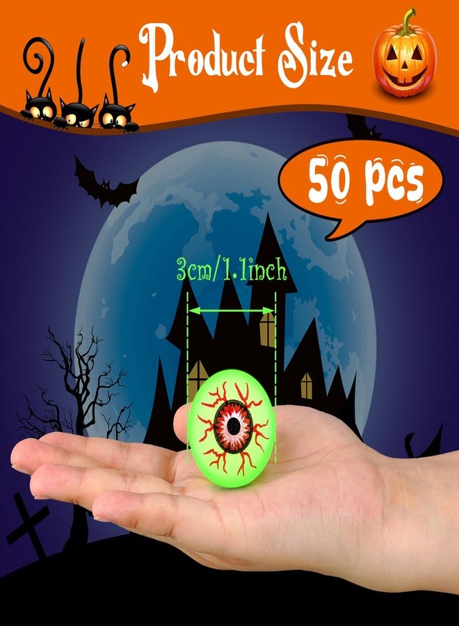 Chalyna 50 Pcs 1.1 Inch Glowing Halloween Eyeballs Bouncy Balls Bulk Glow in The Dark Luminous Scary Eyeball Toys for Halloween Party Favors Trick or Treat Game Terror Props (Green) - Image 2