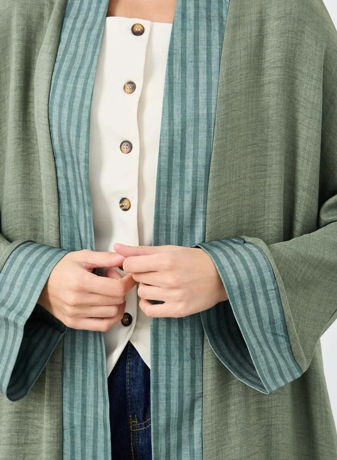 Amirah Amirah Olive Front Open Striped Panel Abaya