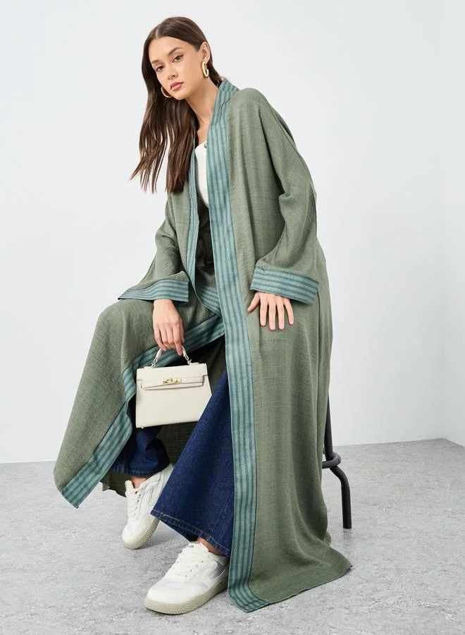 Amirah Amirah Olive Front Open Striped Panel Abaya