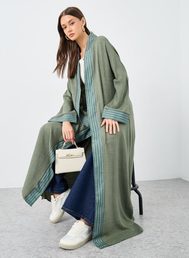 Styli Olive Front Open Striped Panel Abaya - Image 1