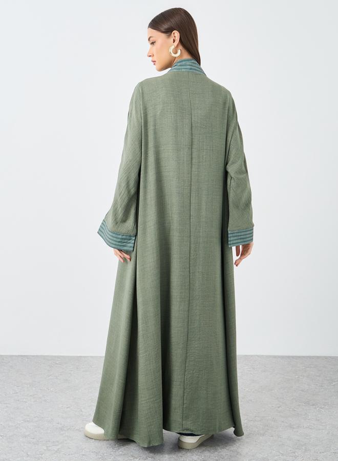 Styli Olive Front Open Striped Panel Abaya - Image 5