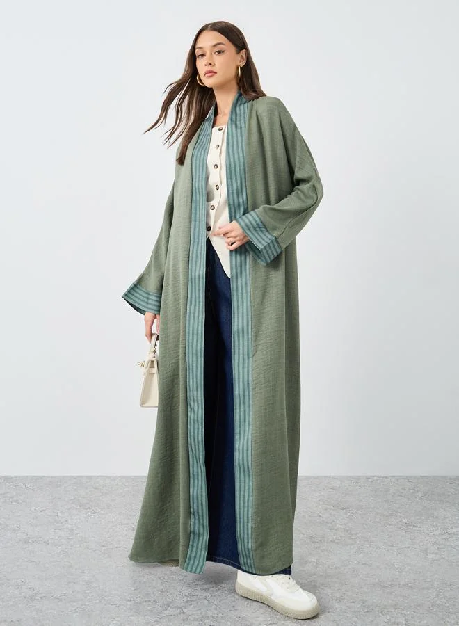 Amirah Amirah Olive Front Open Striped Panel Abaya
