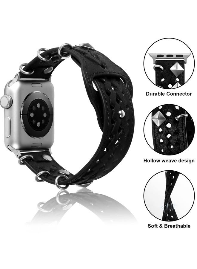 VIQIV Leather Band Compatible with Apple Watch Ultra Band 38mm 41mm 40mm for Women Men, Hollow-out Woven Rivets Bracelet Designer Wristbands Smartwatch Strap for iWatch Series SE 8 7 6 5 4 3 2 - Image 4