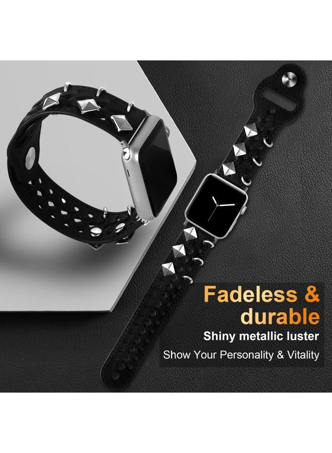 VIQIV Leather Band Compatible with Apple Watch Ultra Band 38mm 41mm 40mm for Women Men, Hollow-out Woven Rivets Bracelet Designer Wristbands Smartwatch Strap for iWatch Series SE 8 7 6 5 4 3 2 - Image 2