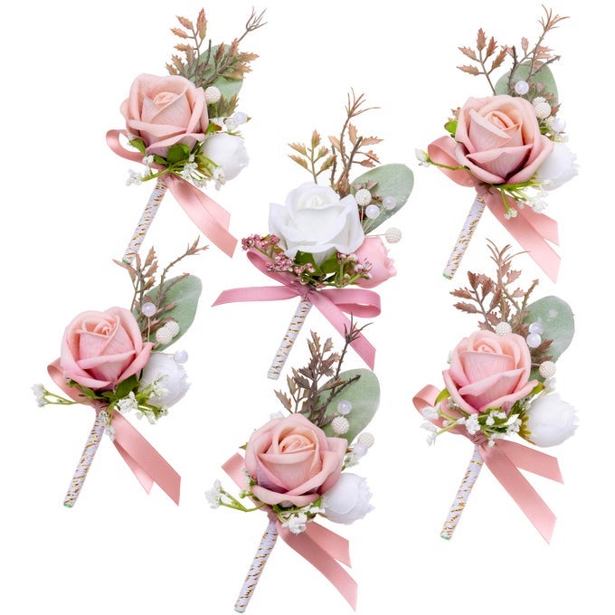 PINK BOUTONNIERE FOR MEN 6 PCS GROOM GROOMSMEN BOUTONNIERES ARTIFICIAL FLOWERS FOR WEDDING PROM HOMECOMING