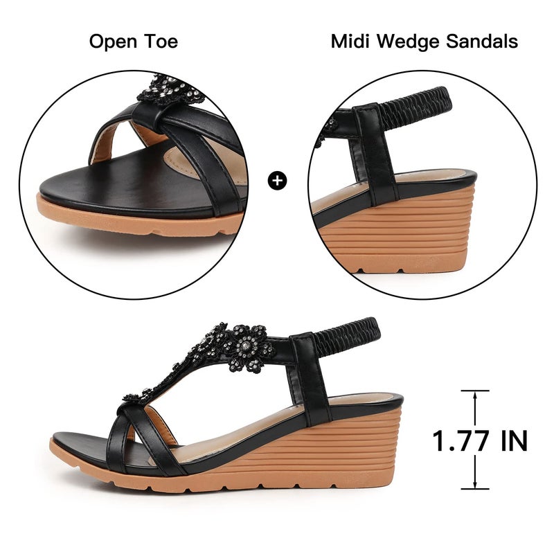 TEMOFON Women's Low Wedge Heels Summer Dressy Platform Sandals Elastic Ankle Strap Open Toe Flower Shoes Black Size 7 - Image 5