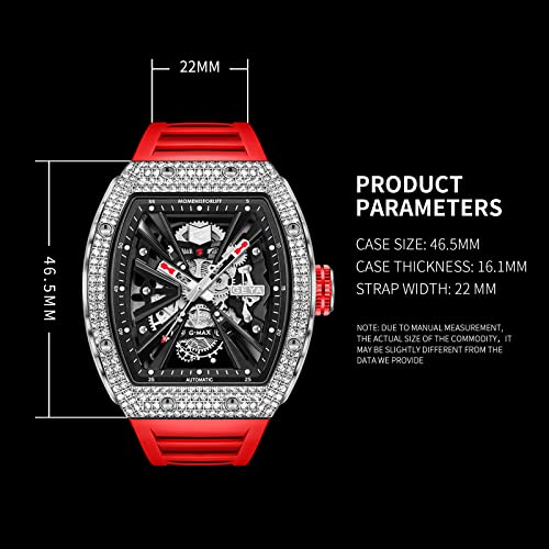 Redhai Automatic Mechanical Watch Skeleton Stainless 50M Waterproof Anti Shock Casual Diver Men Wrist Watch Sterling Watches Chronograph Analog Business Casual Fashion Adjustable Silicone Band - Image 4