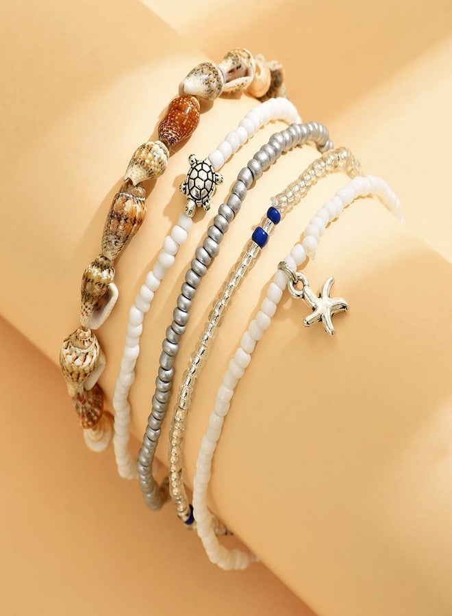 xinxingin 5 Piece Beach Jewellery for Women, Anklets for Women Fancy, Boho Fashion Foot Chain Set with Resin Starfish, Pearl Beads, Shell Charms, Adjustable Wax Line for Summer Wear, Beach Vacations, Festivals - Image 4