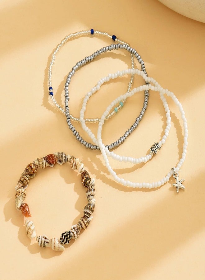xinxingin 5 Piece Beach Jewellery for Women, Anklets for Women Fancy, Boho Fashion Foot Chain Set with Resin Starfish, Pearl Beads, Shell Charms, Adjustable Wax Line for Summer Wear, Beach Vacations, Festivals - Image 3