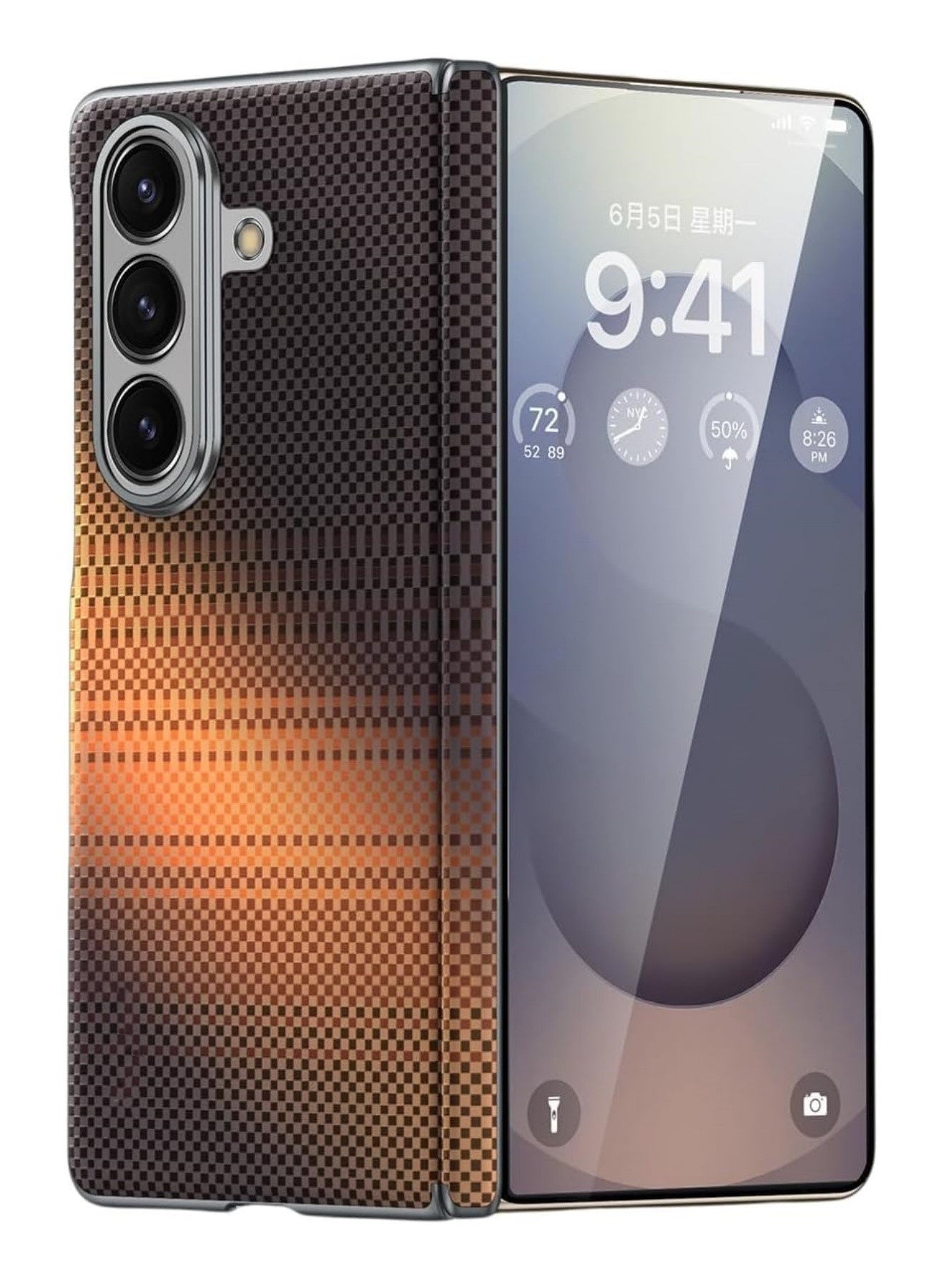Aookay Case for Galaxy Z Fold 7: Slim Light Magnetic Case Less Touch Feeling for Businessmen- Carbon Fiber Texture Hard PC Cover with Camera Protection Phone Cover Without Front Cover (Sunset)