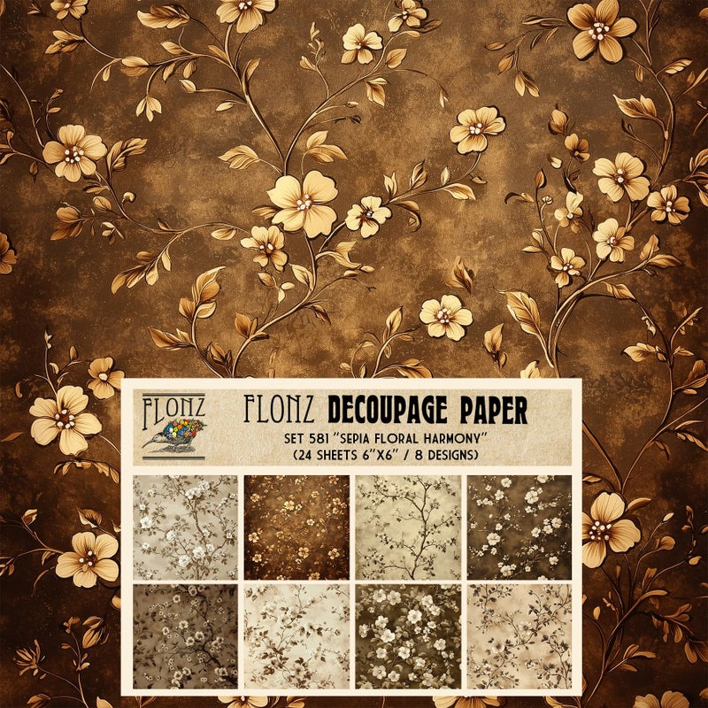 Decoupage Paper Pack (24 Sheets 6"x6") Sepia Floral Harmony: Soft Antique Floral Designs on Rich Brown Background for Timeless Craft Elegance # Vintage Styled Paper for Craft and Scrapbooking