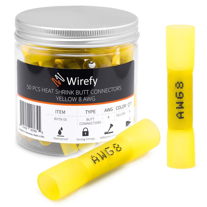 Wirefy 50 PCS Heat Shrink Butt Connectors Yellow 8 AWG - Larger Diameter Marine Grade Butt Connectors - Wire Butt Splice Connectors - Electrical Waterproof Heat Shrink Butts - Image 1
