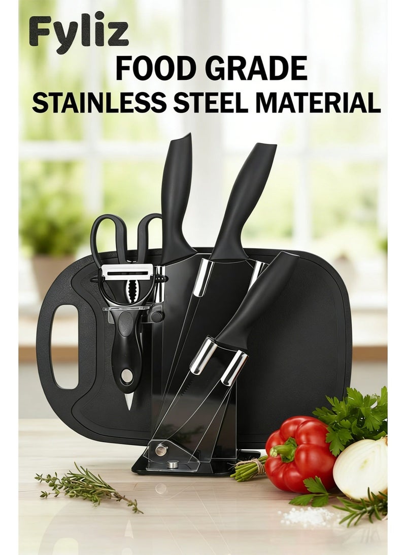 Fyliz Professional stainless steel chef knife set, 7 pieces, dishwasher safe, 3 kitchen knives, sharp scissors, cleaning and storage accessories on stand and cutting board - Image 2