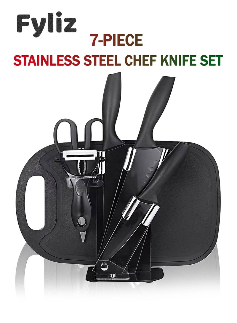Fyliz Professional stainless steel chef knife set, 7 pieces, dishwasher safe, 3 kitchen knives, sharp scissors, cleaning and storage accessories on stand and cutting board - Image 1