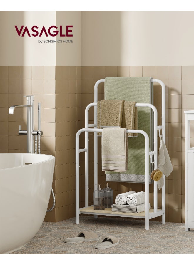 VASAGLE Freestanding Towel Rack, 3-Tier Blanket Holder with Storage Shelf, 50x30x100 cm, Blanket Rack, 2 Hooks, for Blankets, Bath Towels, Cloud White and Natural Beige - Image 2