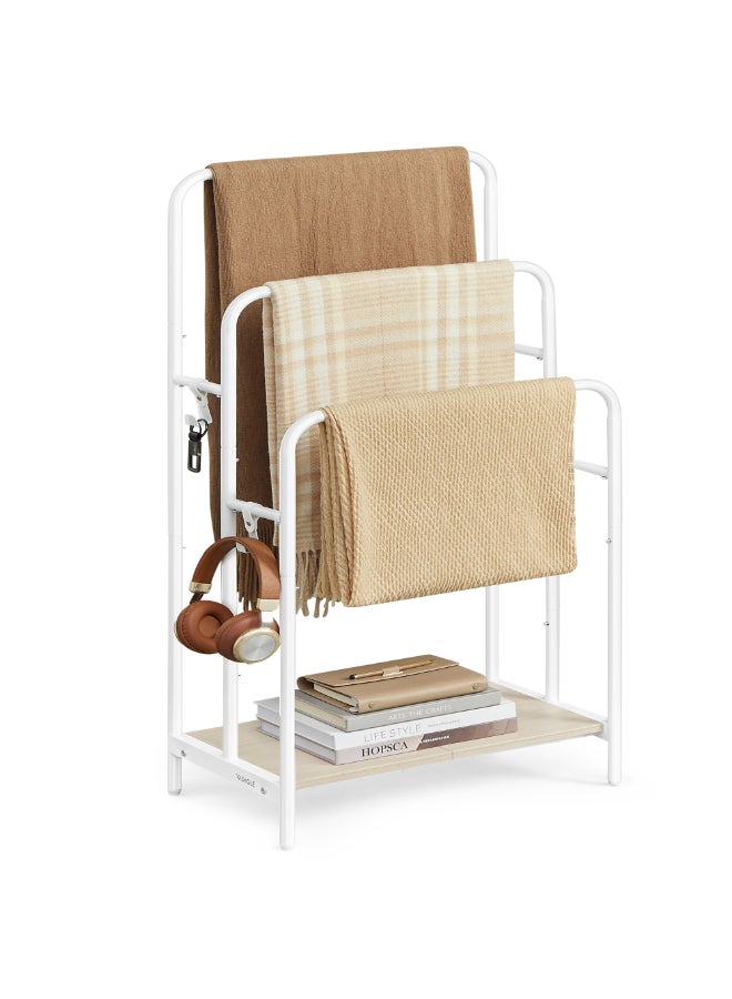 VASAGLE Freestanding Towel Rack, 3-Tier Blanket Holder with Storage Shelf, 50x30x100 cm, Blanket Rack, 2 Hooks, for Blankets, Bath Towels, Cloud White and Natural Beige - Image 1