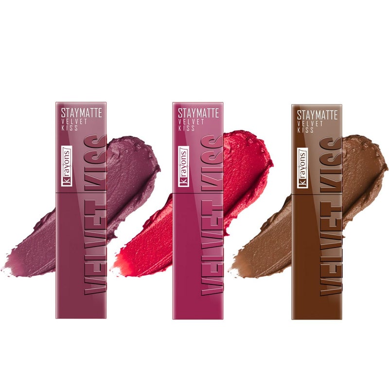 Krayons Velvet Kiss Liquid Matte Lipstick for Women 12hrs stayIntense Color Payoff Smudgeproof TransferproofLipstick Combo PackDusty MauvePeach PinkCaramel Candy35 ml eachPACK OF 3 - Image 1