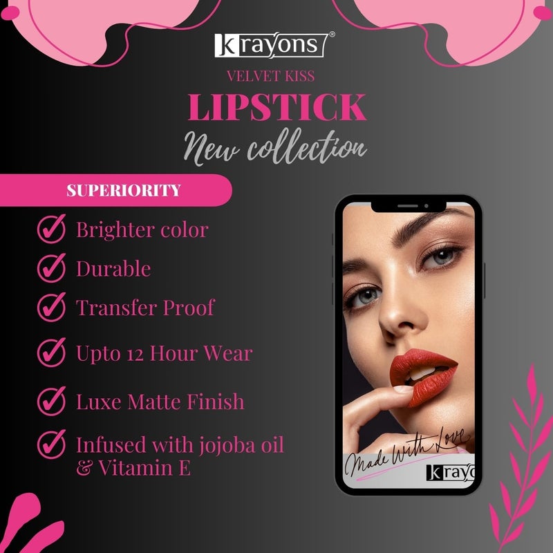 Krayons Velvet Kiss Liquid Matte Lipstick for Women 12hrs stayIntense Color Payoff Smudgeproof TransferproofLipstick Combo PackDusty MauvePeach PinkCaramel Candy35 ml eachPACK OF 3 - Image 4