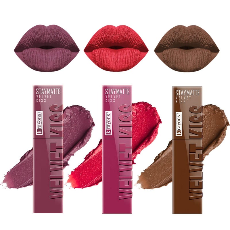 Krayons Velvet Kiss Liquid Matte Lipstick for Women 12hrs stayIntense Color Payoff Smudgeproof TransferproofLipstick Combo PackDusty MauvePeach PinkCaramel Candy35 ml eachPACK OF 3 - Image 2