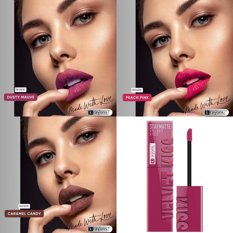 Krayons Velvet Kiss Liquid Matte Lipstick for Women 12hrs stayIntense Color Payoff Smudgeproof TransferproofLipstick Combo PackDusty MauvePeach PinkCaramel Candy35 ml eachPACK OF 3 - Image 3