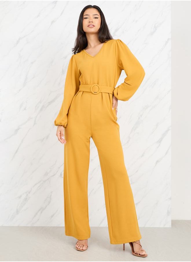 Styli Textured Knit Belted Wide Leg Jumpsuit  - Image 1