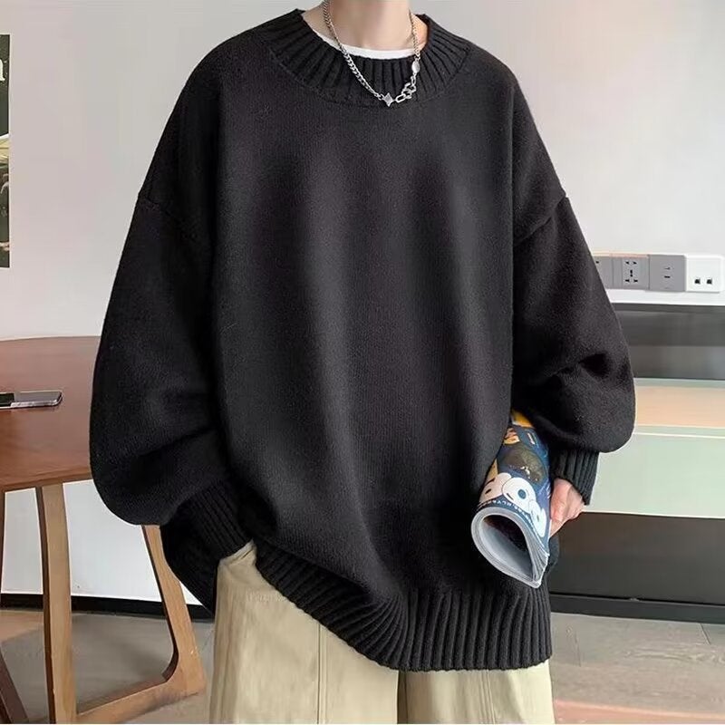 Hong Kong Style Loose Fit Solid Color Round Neck Sweater For Men Korean Trendy Knit Base Layer Top Autumn Winter Fleece Clothes My001 black