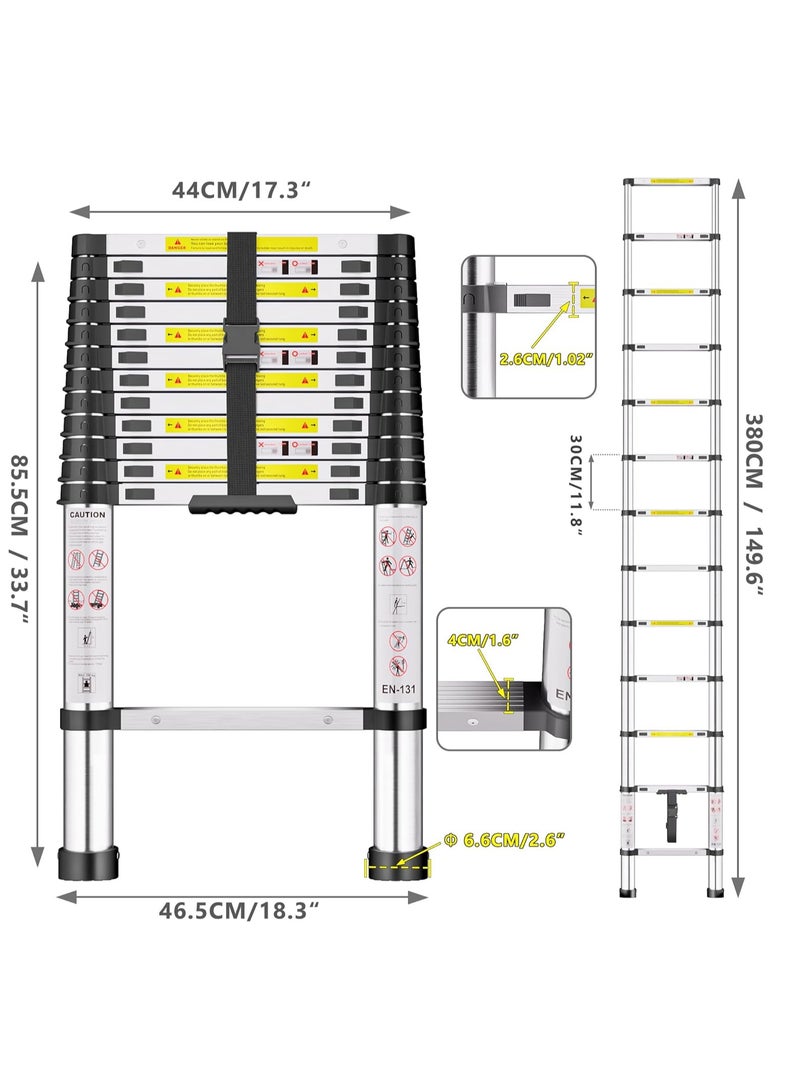 Telescopic Ladder, 3.8M Stainless Steel Thickened High-Strength Ladder, Loft Ladder with Non-Slip Feet, Portable Ladders Extendable, Adjustable Height Folding Ladder for Roof Attic Caravans - Image 3