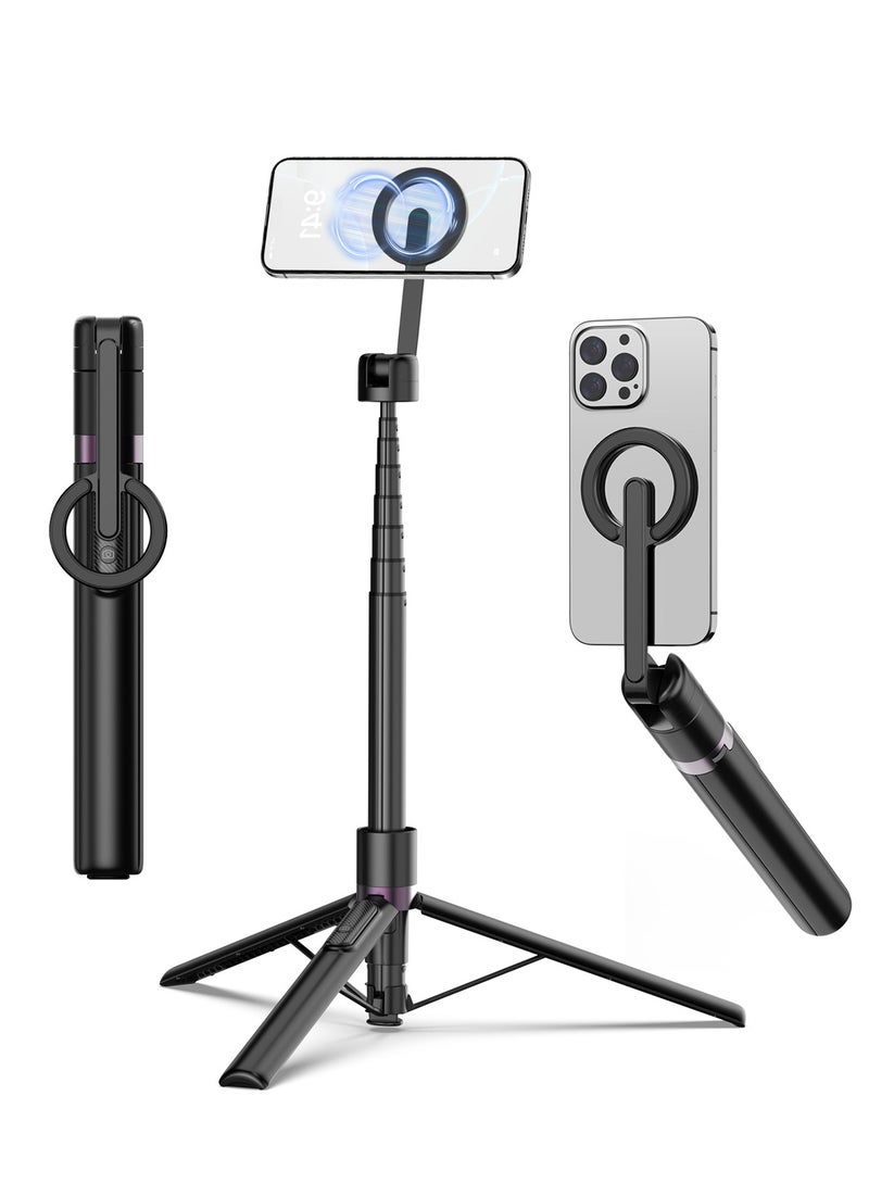TONEOF 173 cm Magnetic Selfie Stick Tripod, Strong Magnetic Aluminium Holder for Magsafe, 360° Rotatable, Retractable Travel Tripod with Metal Ring and Remote Control, Portable Mobile Phone Tripod - Image 1