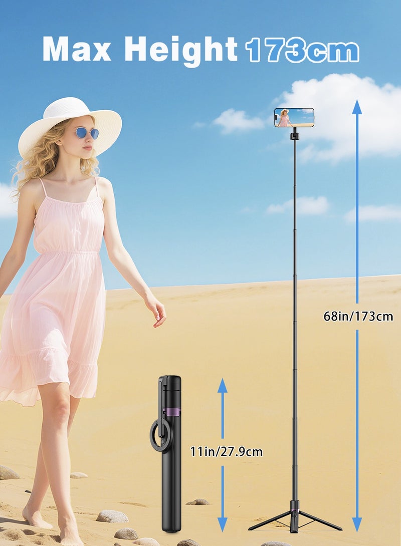 TONEOF 173 cm Magnetic Selfie Stick Tripod, Strong Magnetic Aluminium Holder for Magsafe, 360° Rotatable, Retractable Travel Tripod with Metal Ring and Remote Control, Portable Mobile Phone Tripod - Image 3