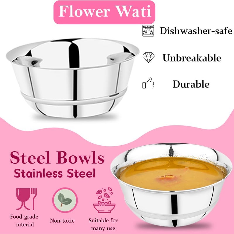 Ammantran Flower Wati - 300ml Stainless Steel Bowls | Multipurpose Serving Bowls for Daal, Raita, Gravy & Sweets | Durable, Rust-Resistant & Elegant Kitchenware 300ML, Set of 12 - Image 3