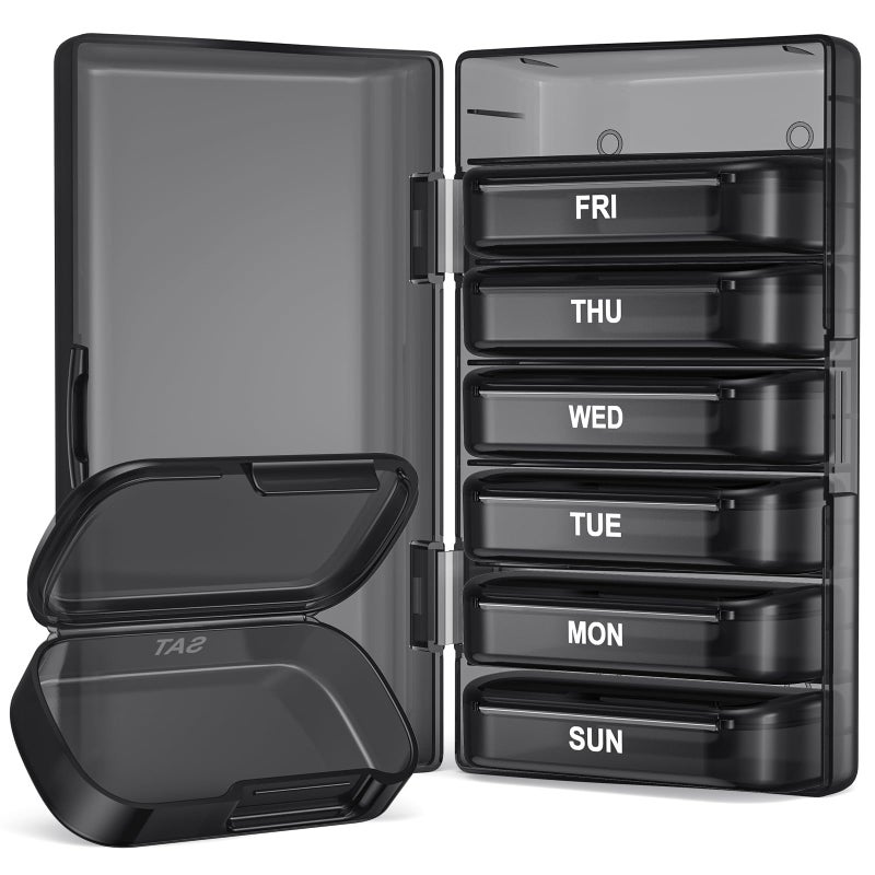 PULIV Weekly Pill Organizer with Large Capacity, Dual Protection Pill Box 7 Day, Arthritis Friendly Pill Case Easy to Open, Medicine Organizer for Vitamins, Medications, Fish Oils, Supplements (Black) - Image 1