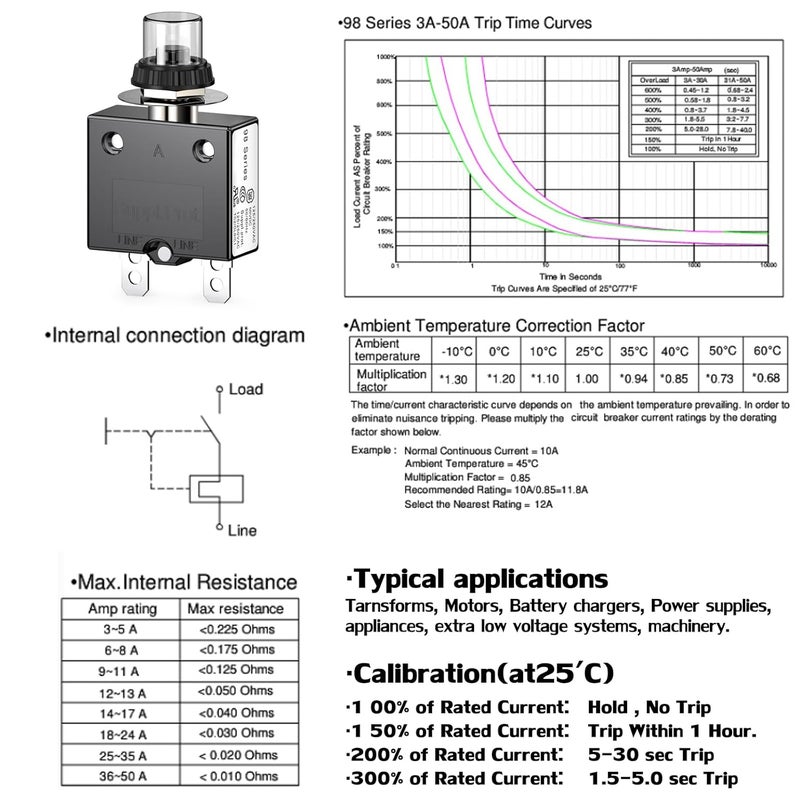 DIYhz Thermal Circuit Breaker, 10 Amp Push Button Manual Reset Circuit Breaker 32V DC 125/250VAC 50/60Hz with Quick Connect Terminals and Waterproof Button Transparent Cap 2Pcs - Image 2