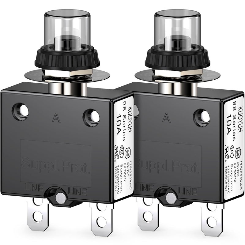 DIYhz Thermal Circuit Breaker, 10 Amp Push Button Manual Reset Circuit Breaker 32V DC 125/250VAC 50/60Hz with Quick Connect Terminals and Waterproof Button Transparent Cap 2Pcs - Image 1
