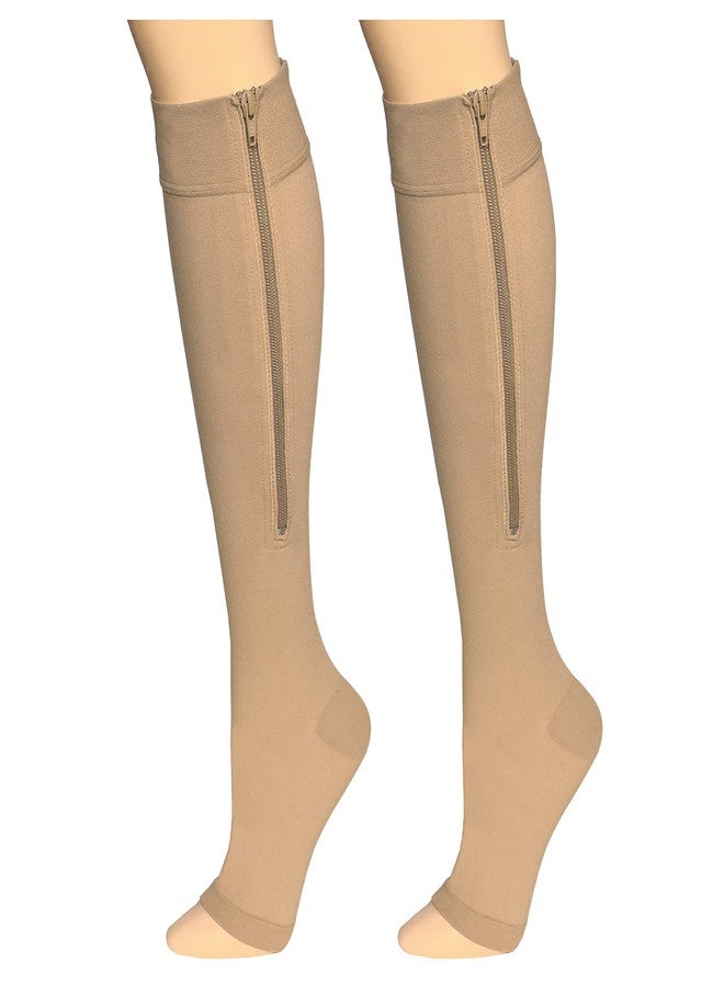 Truform Zipper Compression Stockings, 15-20 mmHg Medical Socks, Women and Men, Knee High, Open Toe, Beige, Large - Image 1
