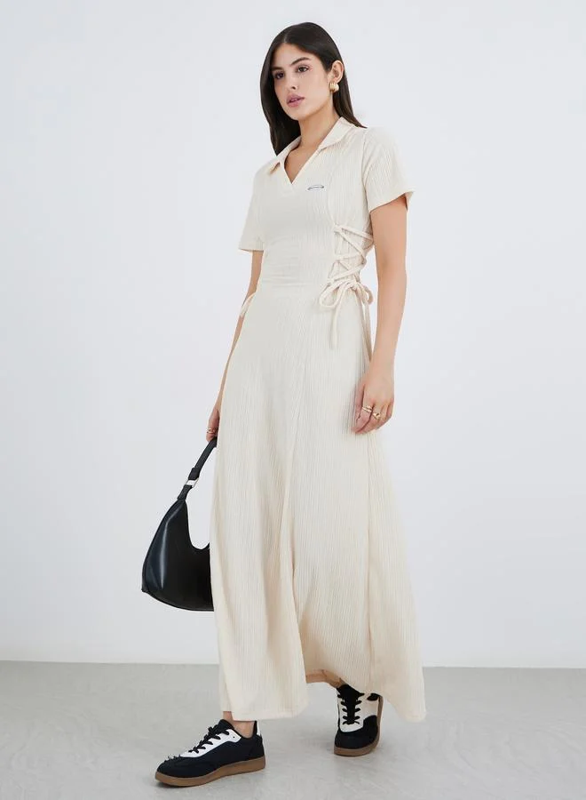 Styli Styli Textured Waist Tie-Up Collared Maxi Dress