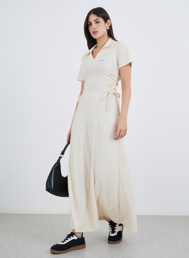 Styli Textured Waist Tie-Up Collared Maxi Dress - Image 2