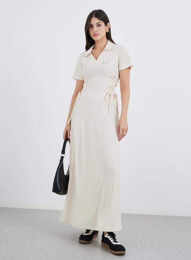 Styli Textured Waist Tie-Up Collared Maxi Dress - Image 3